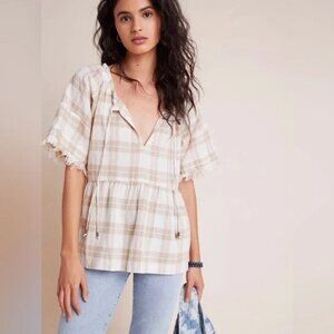 Anthropologie Pilcro Blouse Plaid Neutral Babydoll Fringe Top Size Medium